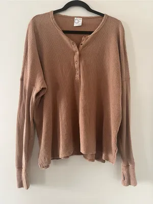 Offline by Aerie Waffle Knit Henley Top Medium Tan Oversized Long Sleeve Lounge thumbnail 1