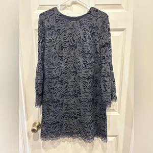 Dress The Population‎ Navy Gold Metallic Lace Bell Sleeve Mini Dress Size L thumbnail 13