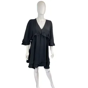 Entro Black Ruffled 3/4 Sleeve V Neck Babydoll ‎ Tiered Short Dress NWT Size M thumbnail 3