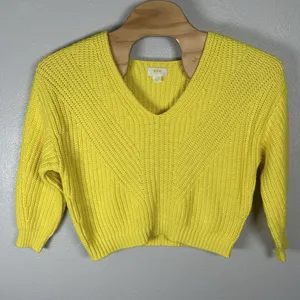 Anthropologie Maeve Yellow Chunky Knit Sweater Sz Medium Cotton Wool Blend Vneck thumbnail 1