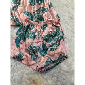 Women's Sz Medium Pajama Set Sleeveless Light Pink Green Palm Print Satin V-Neck thumbnail 3