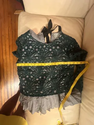 Maeve Anthropologie Gabriella Green Lace and Gingham Peplum Long Sleeve Top thumbnail 9