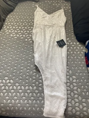 lulu’s white, sequin, sparkly slit dress with adjustable straps thumbnail 4
