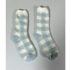 Blue White Pastel Plaid Checkered Plush Fuzzy Winter Socks Hosiery ❄️ thumbnail 2