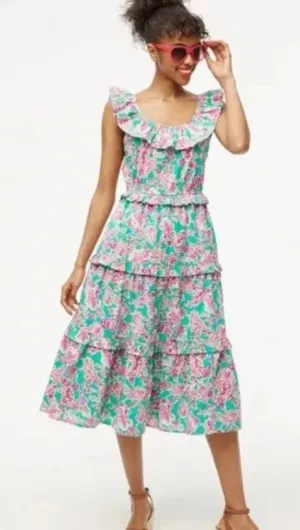 J. Crew Printed Floral Ruffled Tiered Midi Dress Pockets Green & Pink Size‎ 12 thumbnail 1