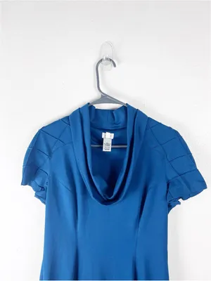 CACHE Blue Short Sleeves Cowl Neck Pintuck Pleats Dress Size 12 Office Career thumbnail 7