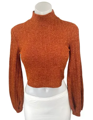 Hyfve Rust Brown Turtleneck Long Balloon Sleeve Knit Cropped Sweater Top Size S thumbnail 1