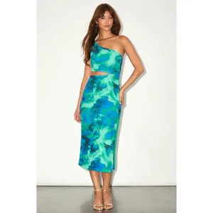 Lulus Ismerida Green Blue Abstract Mesh One Shoulder Midi Dress Party XS NWT thumbnail 3