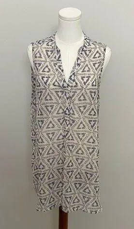 Lumière Top Tunic Sheer Split Neck Collar Lagenlook Geometric Blue Tan Ivory thumbnail 1