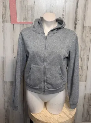 Gray Cropped Zip Up Hoodie Size Large Casual Basic Lounge Gray thumbnail 1