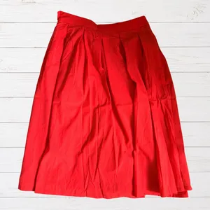 Coral Red Pleated Midi Skirt A Line Full Swing Retro Feminine Pockets L NWT thumbnail 3