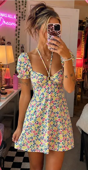 crown & ivy Yellow Multi-Color Puff Sleeve Mini Dress thumbnail 1