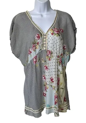 Johnny Was Silk Tunic M floral Embroidered Gathered Waist blouse lightweight thumbnail 1