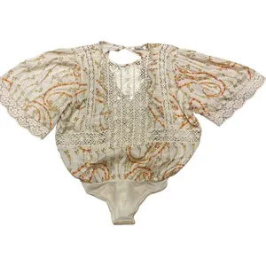Free People Bali Tate Blousy Bodysuit Floral Top Tapioca Boho‎ Crochet XS thumbnail 4