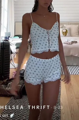 Victoria’s Secret Blue and White Floral Bow Top & Short Set thumbnail 1