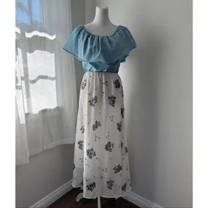 Blue & White Floral Print Ruffle Top Maxi Dress thumbnail 2