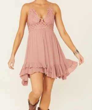 Intimately Free People Adella Crochet Lace Ruffle Slip Mini Dress Rose XS thumbnail 1