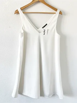 Zara White Double V-Neck Flowy Bridal Mini Dress thumbnail 2