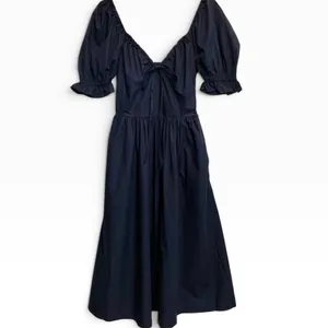 NWT Quince Navy Blue Organic Cotton Puff Sleeve Smocked Midi Milkmaid Dress XS thumbnail 3