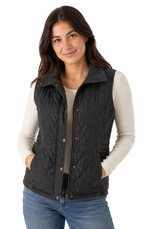 LL Bean Diamond Quilted Full Zip‎ Vest MED Black Plaid Lined Cord Collar thumbnail 1