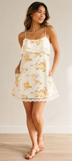 Universal Threads Womens Floral Linen‎ Blend Lace Trim Ruffle Mini Dress White S thumbnail 1
