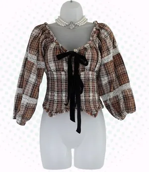 Kimchi Blue Brown Plaid Lace Ribbon Bow Puff Sleeve Cropped Milkmaid Top Size S thumbnail 1