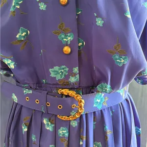 Blue Midi Dress 80s Blouson Floral Print Dress Button Back 80s Draped High Waist thumbnail 3