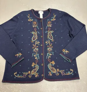 Koret Vintage Floral Paisley Embroidered Knit Cardigan Sweater Womens Medium thumbnail 1