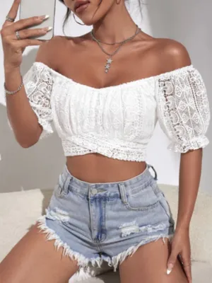 NWOT SHEIN White Privé Off Shoulder Puff Sleeve Tie Back Guipure Lace Top Size 6 thumbnail 1