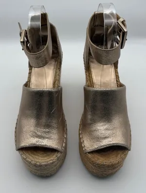 Marc Fisher LTD Madalyn Metallic Gold Leather Espadrille Wedge Sandals 6M thumbnail 1