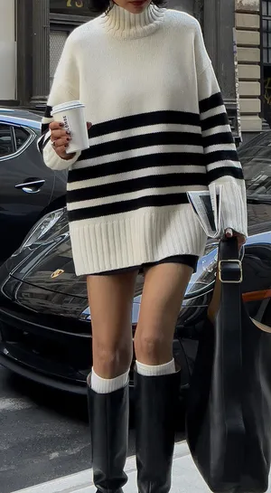 Commense Miss Paris Cozy Soft Mock Neck Stripe Sweater Minimalist Cream Black S thumbnail 1