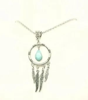 Silver Turquoise Dreamcatcher Feather Necklace thumbnail 1
