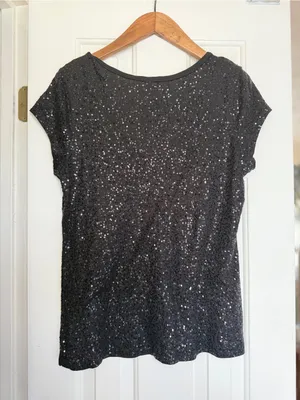 Express Sequin V-Neck Short Sleeve Top - Black. Sz‎ L thumbnail 4