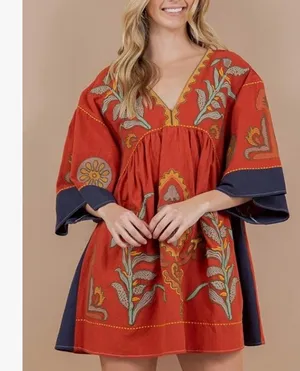 Women's oversized embroidered dress With 3/4 sleeve thumbnail 4
