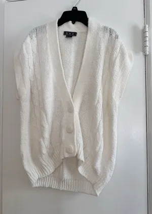 White Women's Sleeveless Cable Knit Cardigan. Chinky. Oversized. Large Buttons. thumbnail 1