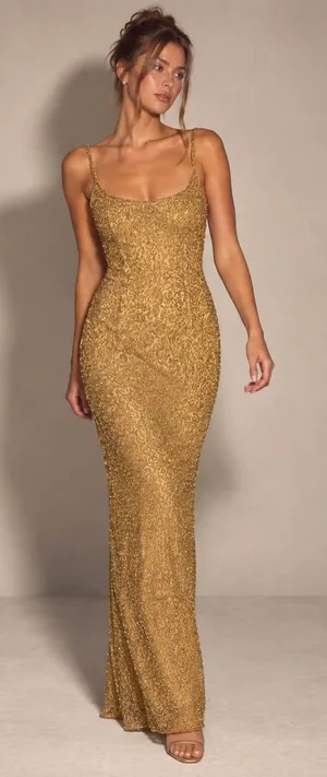 Vintage 90s Sean Collection Silk Beaded Evening Gown – Gold – L thumbnail 1