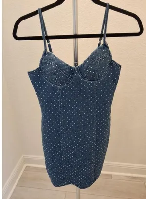 IRIS Polka Dot Sleeveless Zip Size M Adjustable Straps Jewel Cubic Jean Bodycon thumbnail 1