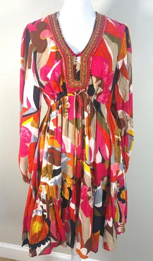Kaktus Floral Mini Dress Womens Small Multicolor Excellent‎ Embroidered Boho thumbnail 1