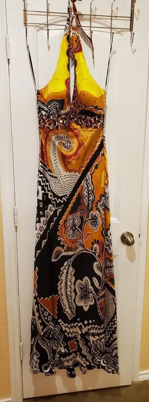MARY L COUTURE Beads Halter print Dress Sz 2 Yellow Multi thumbnail 1