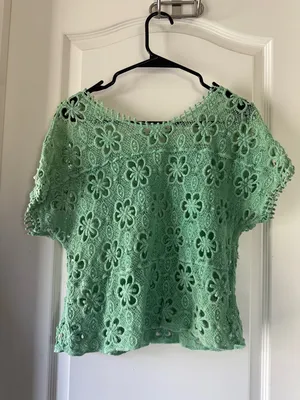 Crochet Floral Short-Sleeve Tunic in Mint Green / BB26 thumbnail 3