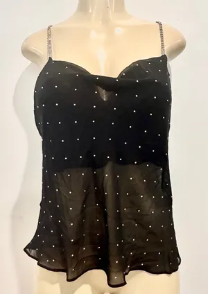 New MNG Chiffon Rhinestone Camisole Top Sz L Black Shirt Limited Edition NWT thumbnail 1