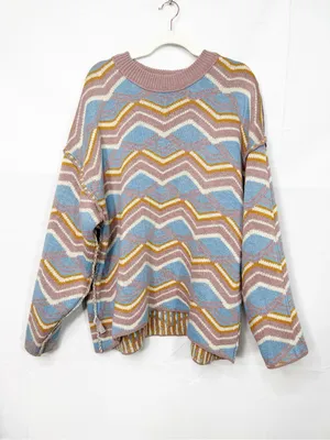 Free People Beach Malibu Pattern Textured Oversized Crew Neck Sweater Boho thumbnail 7