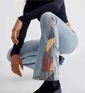 Driftwood Farrah Flare Jeans Faux Suede Patchwork Light Wash Blue Size 31 thumbnail 1