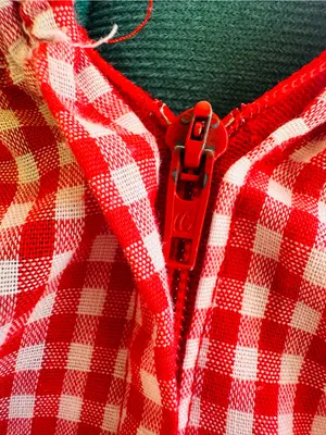 Handmade VINTAGE SQUARE DANCE PRAIRIE DRESS RED GINGHAM CHECKERED w DENIM Size 12/14 thumbnail 6