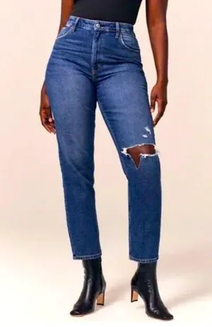 Abercrombie & Fitch Women’s High Rise The Mom Jean Curve Love in Dark Destroy 29 thumbnail 1