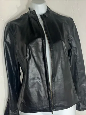 A.M.I Classic Black Leather Jacket - Women's Zip Front Size Small thumbnail 1
