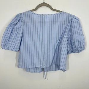 Abound Blue Striped Puff Sleeve Square Neck Tie Front Crop‎ Top Womens L thumbnail 3