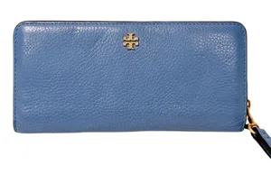Tory Burch Blue Pebbled Leather Robinson Wallet Snap Button thumbnail 1