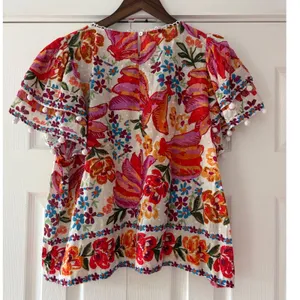 Farm Rio Floral Pom Pom Trim Swiss Dot Babydoll Blouse‎ Multi Color Womens Large thumbnail 2