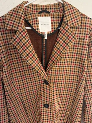Avec Les Filles Longline Plaid Houndstooth Blazer Tan Red Black Size S thumbnail 3